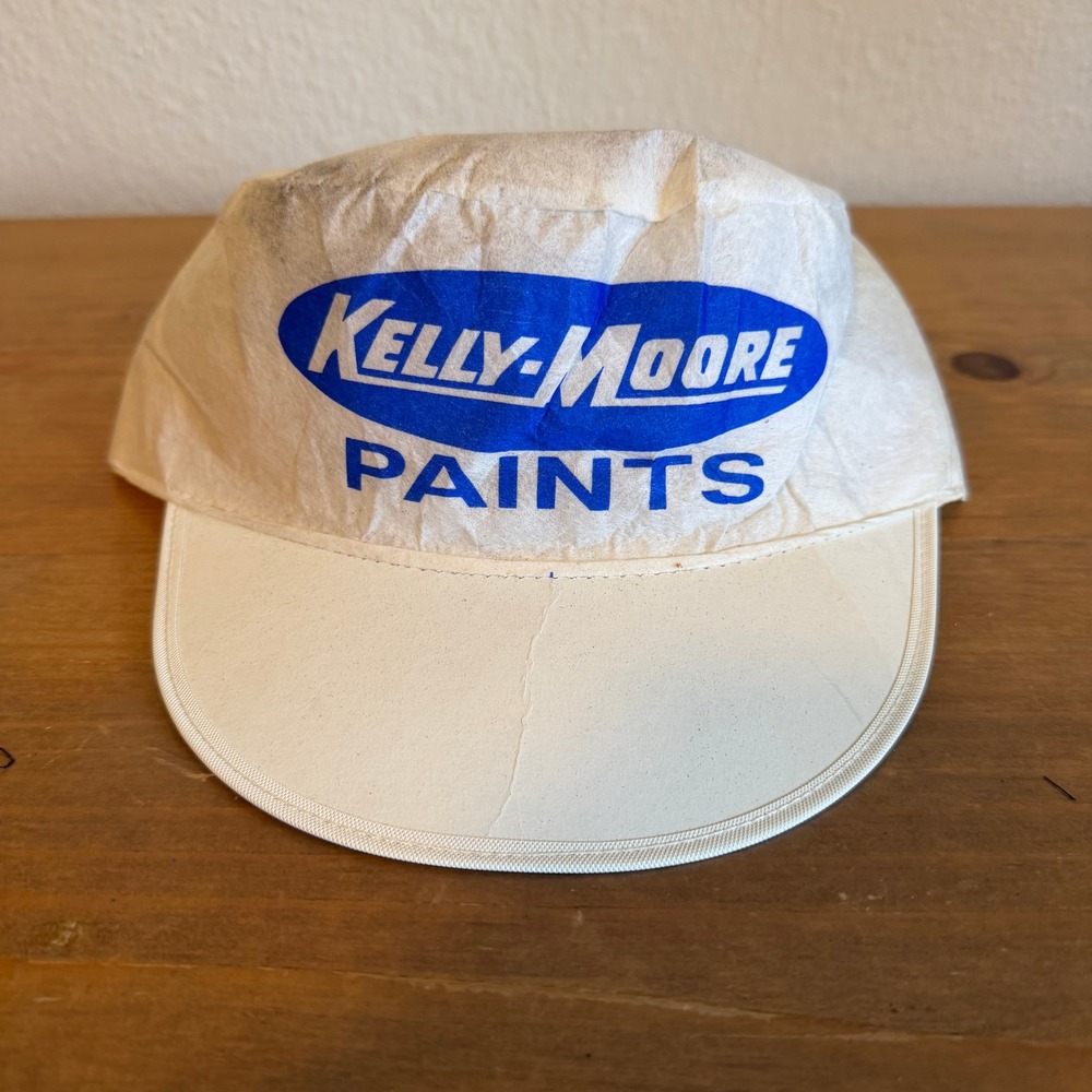 Vintage Kelly-Moore Paints Painter Cap White Blue Logo Workwear Hat Elastic Back